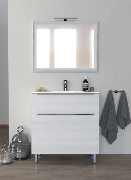 Mobile bagno a terra bianco frassinato modello PARMA da 80 cm, lavabo in Quarzimar