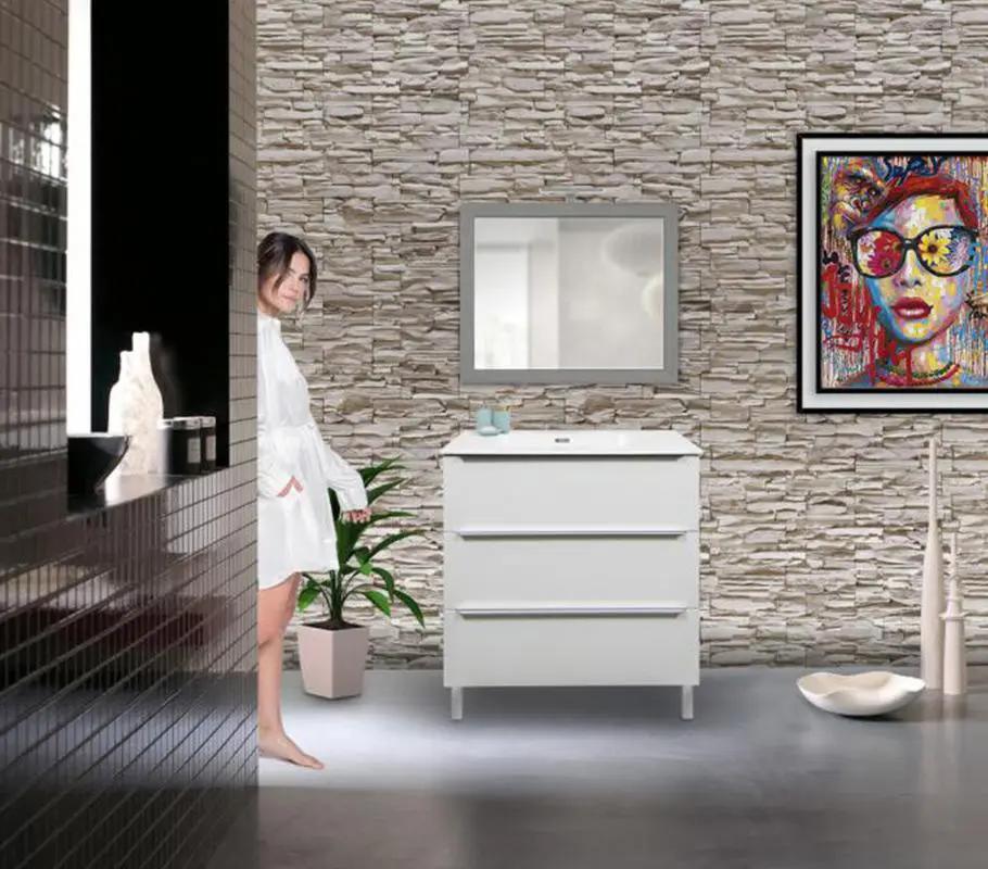 Mobiletto bagno a terra 56 cm bianco lucido con lavandino e specchio  inclusi