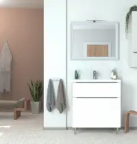 mobile bagno a terra bianco opaco con un cassetto e un cassettone e lavabo in ceramica