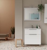 mobile bagno a terra bianco opaco con un cassetto e un cassettone e lavabo in ceramica - Gallery