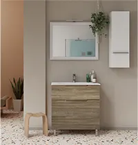 mobile bagno a terra rovere chiaro con un cassetto e un cassettone e lavabo in ceramica - Gallery
