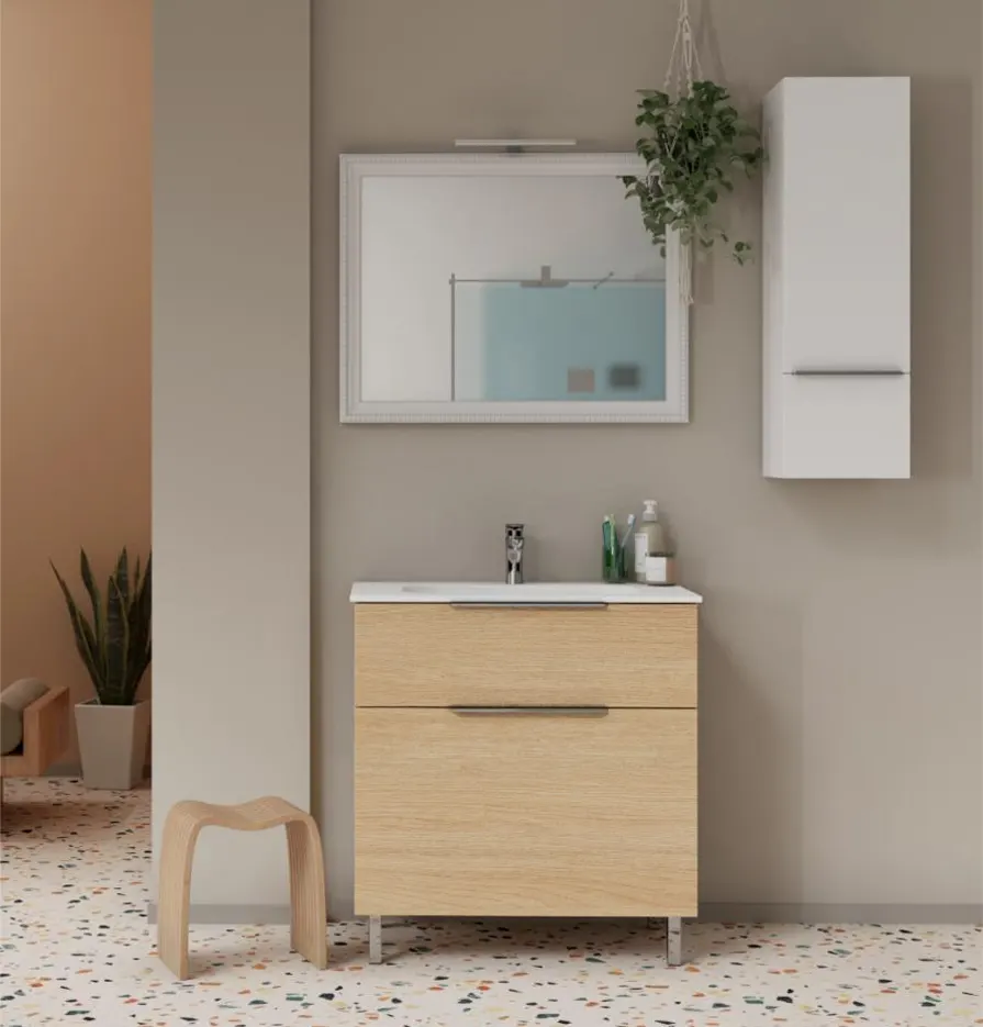 mobile bagno a terra rovere naturale con un cassetto e un cassettone e lavabo in ceramica - Gallery