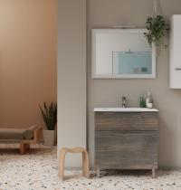 mobile bagno a terra rovere scuro con un cassetto e un cassettone e lavabo in ceramica - Gallery