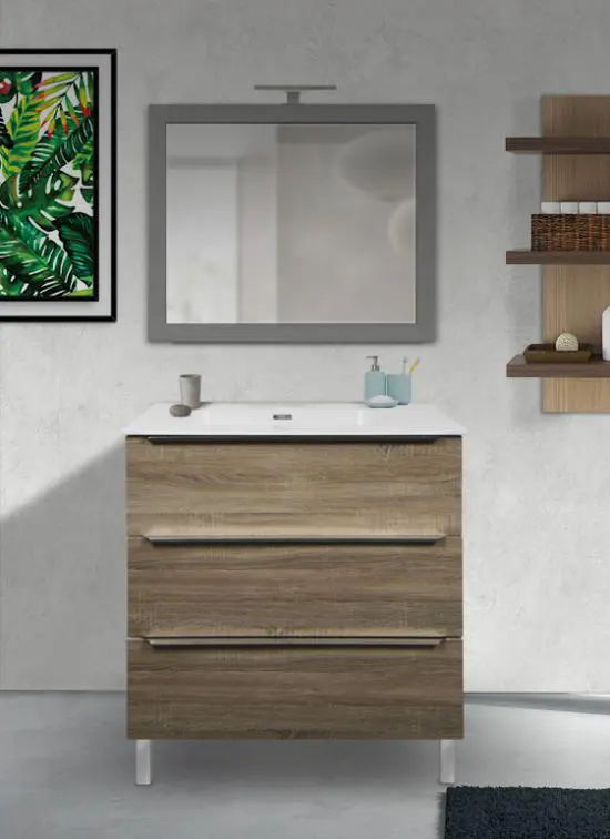 Mobile bagno PORDENONE finitura legno rovere chiaro 90 cm con lavabo Quarzimar