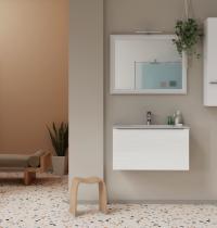 mobile bagno sospeso bianco frassinato 80 cm con cassettone e lavabo in ceramica