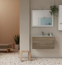 mobile bagno sospeso rovere chiaro 80 cm con cassettone e lavabo in ceramica - Gallery