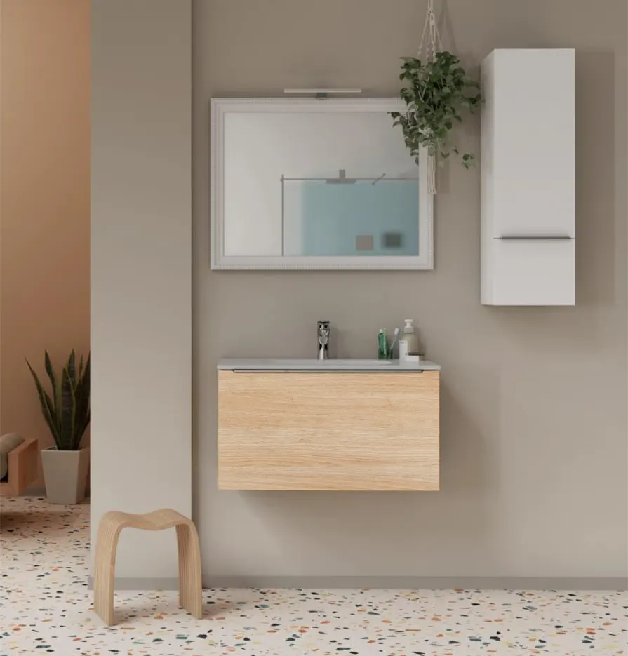 mobile bagno sospeso rovere naturale 80 cm con cassettone  e lavabo in ceramica - Gallery