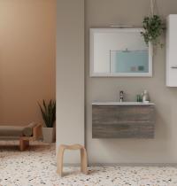mobile bagno sospeso rovere scuro 80 cm con cassettone e lavabo in ceramica - Gallery