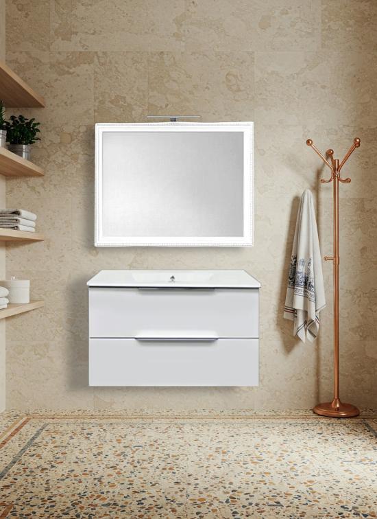 Mobile bagno TRIESTE sospeso bianco opaco 80 cm con lavabo da appoggio in ceramica standard