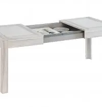 tavolo allungabile bianco frassinato con piastre in alabastrino e cassettone portastoviglie